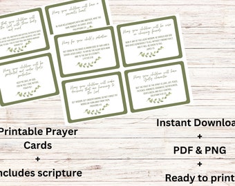 May include: Printable prayer cards with green foliage and scripture verses. The cards feature phrases like "Pray your children will have a servant's heart" and "Pray your children will be wise in choosing friends".