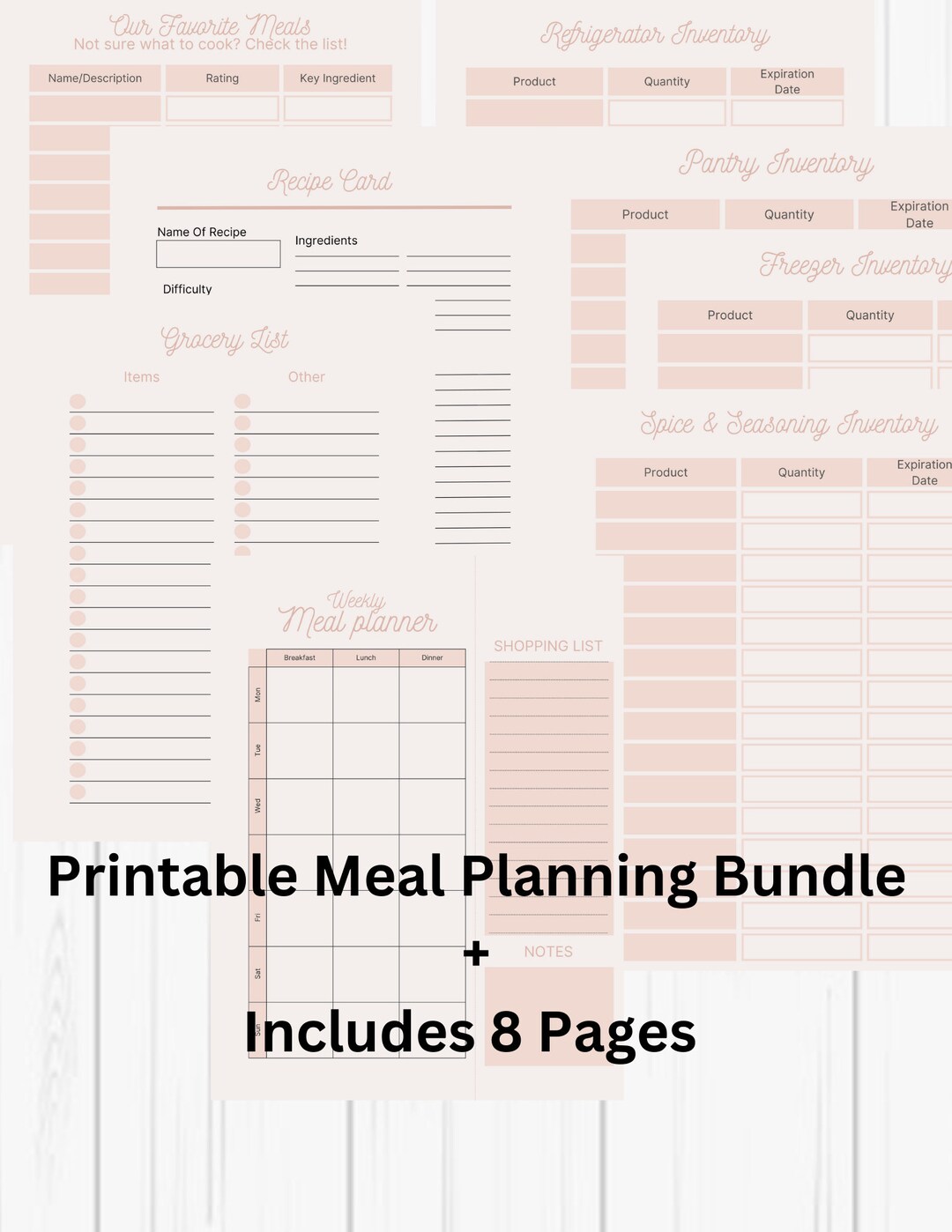Printable Weekly Meal Planner Bundle: Grocery List, Recipe Card (PDF ...