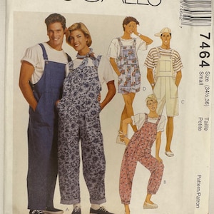 May include: McCall's 7464 sewing pattern envelope for overalls in various lengths and styles. The cover features illustrations of four different overall designs, including full-length denim, floral print, and short versions, with size 34.5-36.
