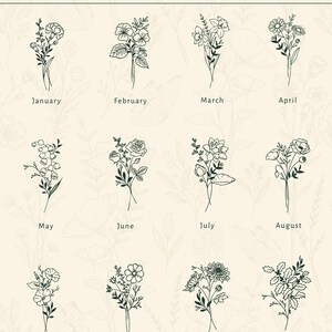 Puede incluir: Un gr&aacute;fico que muestra la flor de nacimiento para cada mes del a&ntilde;o. Las flores est&aacute;n ilustradas en blanco y negro en arte lineal.