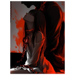 May include: An illustration depicts a woman in a white dress, chained with a metal collar and chains. A dark figure looms behind her. The artwork is rendered in a dramatic style with a red and black color palette.