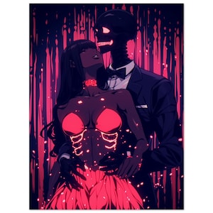 Könnte beinhalten: Digitale Illustration eines sich umarmenden Paares. Die Frau trägt ein rotes Bikinioberteil und einen passenden Rock. Der Mann ist ein Skelett im Smoking. Der Hintergrund ist dunkelrot und schwarz.