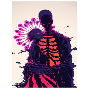 May include: Digital art print featuring two figures in a loving embrace. The male figure has a skeletal torso with an orange glow, and the female figure has a peacock feather headdress. The artwork uses a palette of purple, black, and pink.