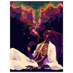 May include: An artistic illustration of a person exhaling colorful smoke. The person is wearing a white robe and pants, with glowing lines depicting a skeletal structure. The background is dark, with colorful smoke rising above.