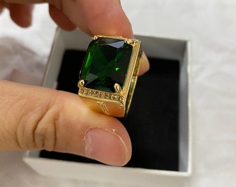 Ring voor heren, 14K verguld, groene zirkoniasteen, aanpasbaar