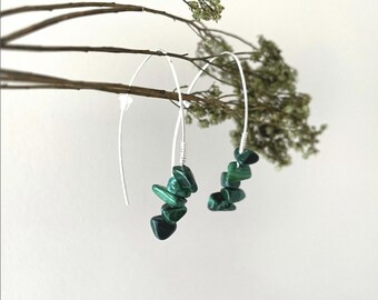 Pendientes de aro abiertos de plata de ley con malaquita, delicadas joyas bohemias de minerales, aros ligeros con piedras preciosas auténticas, un regalo significativo para ella
