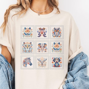 Comfort Colors® Scandinavian folk Art shirt,Danish Norwegian Christmas Shirt,stamp style nordic folk art cottage-core animals Danish Hygge