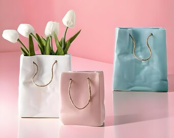 Handcrafted Paper Bag Vase - Artistic Ceramic Handbag Vase with Quirky and Abstract Design , Unique Ceramic Vase , Unique Handbag Vase