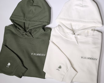 Custom Embroidered Roman Numeral Hoodie, Personalized Matching Sweatshirt, Customized Date And Initial Outfit On Sleeve, Valentines Day Gift