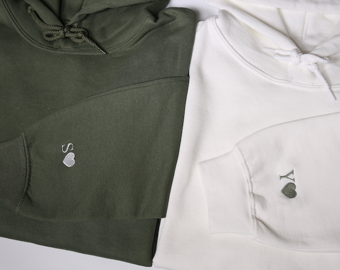 Custom Embroidered Initial Heart Hoodie On Sleeve, Personalized Initials Embroidery Sweatshirts, Matching Couples Outfit, Anniversary Gifts