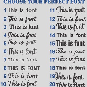 Puede incluir: Un gr&aacute;fico que muestra 20 estilos de fuente diferentes, cada uno con la frase "This is font". El texto "CHOOSE YOUR PERFECT FONT" est&aacute; en la parte superior. Los n&uacute;meros del 1 al 20 se enumeran junto a cada muestra de fuente.