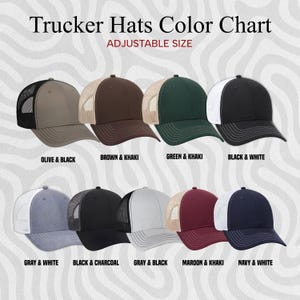 Puede incluir: Una tabla de colores de gorras de camionero de tama&ntilde;o ajustable. Las gorras vienen en varias combinaciones de colores, incluyendo oliva y negro, marr&oacute;n y caqui, verde y caqui, negro y blanco, gris y blanco, negro y carb&oacute;n, gris y negro, granate y caqui, y azul marino y blanco.