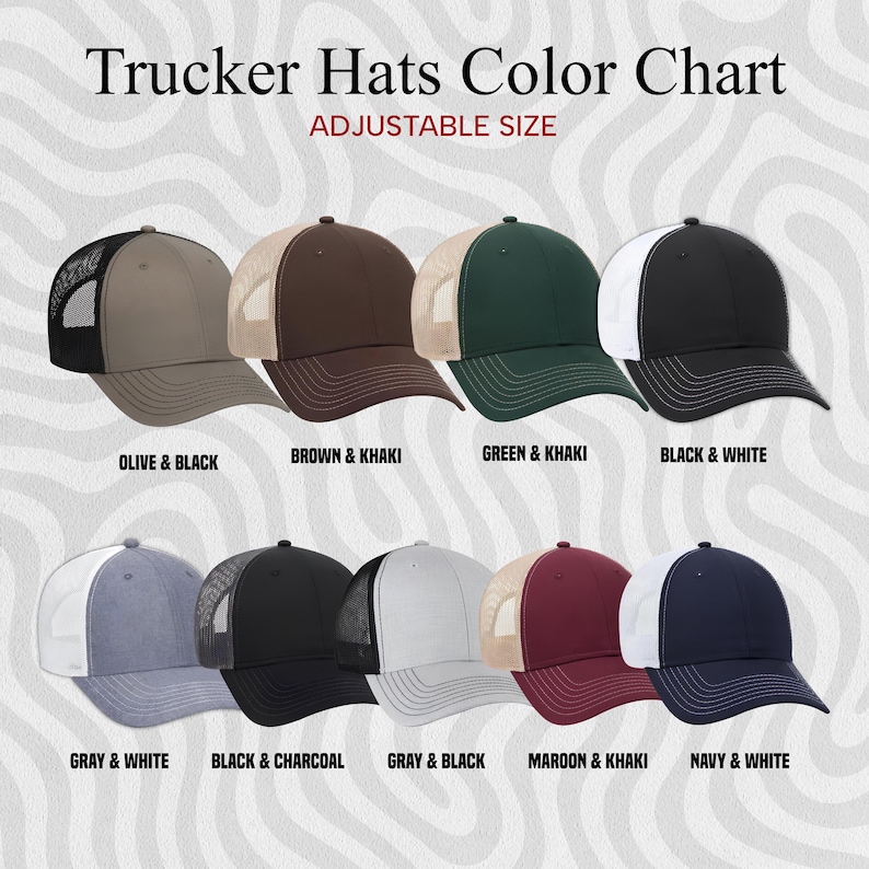 Puede incluir: Una tabla de colores de gorras de camionero de tama&ntilde;o ajustable. Las gorras vienen en varias combinaciones de colores, incluyendo oliva y negro, marr&oacute;n y caqui, verde y caqui, negro y blanco, gris y blanco, negro y carb&oacute;n, gris y negro, granate y caqui, y azul marino y blanco.