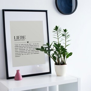 May include: A framed print with the German word "LIEBE" (love) and a definition in German. A small pink vase and a potted plant sit on a white shelf. A black framed circular wall decor is visible.