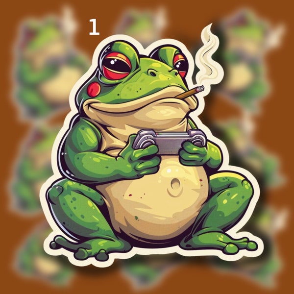 Fun fat green frog sticker smoking and chillin playing video games