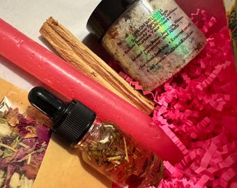 Aphrodite’s Favor | Self Love Ritual Kit with Candle, Bath Soak, Incense, Herbs & Palo Santo for Venus Energy