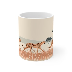 Cheetahs Savannah Africa Mug 11oz, Big Cats Coffee Cup, Wildlife Illustrated Tea Mug, Animal Lover Gift, Safari Kitchen Decor, Jungle Theme
