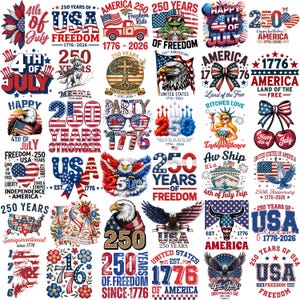 Peut inclure: Une collection de motifs patriotiques c&eacute;l&eacute;brant le 250e anniversaire des &Eacute;tats-Unis. Les motifs pr&eacute;sentent le drapeau am&eacute;ricain, des aigles et le texte "250 Years of Freedom" et "4th of July".