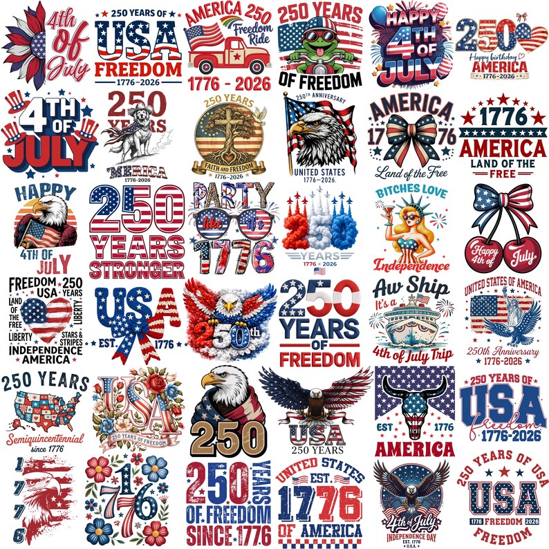 Peut inclure: Une collection de motifs patriotiques c&eacute;l&eacute;brant le 250e anniversaire des &Eacute;tats-Unis. Les motifs pr&eacute;sentent le drapeau am&eacute;ricain, des aigles et le texte "250 Years of Freedom" et "4th of July".
