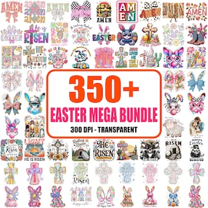 Op de afbeelding: Een digitale collectie van meer dan 350 grafische ontwerpen met een paasthema, waaronder konijnen, kruisen, strikken en bloemmotieven, met de tekst 350+ EASTER MEGA BUNDLE 300 DPI - TRANSPARENT prominent in het midden van het raster.