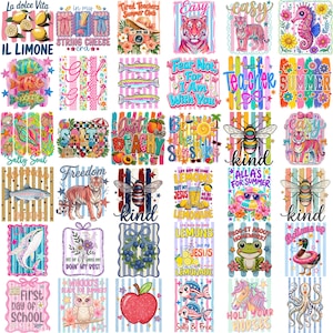 Puede incluir: Una colecci&oacute;n de treinta y cinco dise&ntilde;os gr&aacute;ficos digitales coloridos que presentan diversas ilustraciones, incluyendo animales como tigres, abejas, peces y patos, junto con patrones florales, frutas y frases motivacionales sobre fondos a rayas.