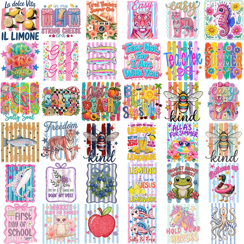 Puede incluir: Una colecci&oacute;n de treinta y cinco dise&ntilde;os gr&aacute;ficos digitales coloridos que presentan diversas ilustraciones, incluyendo animales como tigres, abejas, peces y patos, junto con patrones florales, frutas y frases motivacionales sobre fondos a rayas.