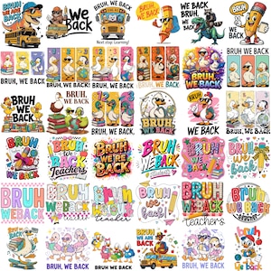 Pode incluir: Uma cole&ccedil;&atilde;o de designs gr&aacute;ficos coloridos com o texto "BRUH WE BACK" e outras frases com tema escolar. As imagens apresentam personagens de desenhos animados como patos, dinossauros e l&aacute;pis, com &ocirc;nibus escolares e livros.