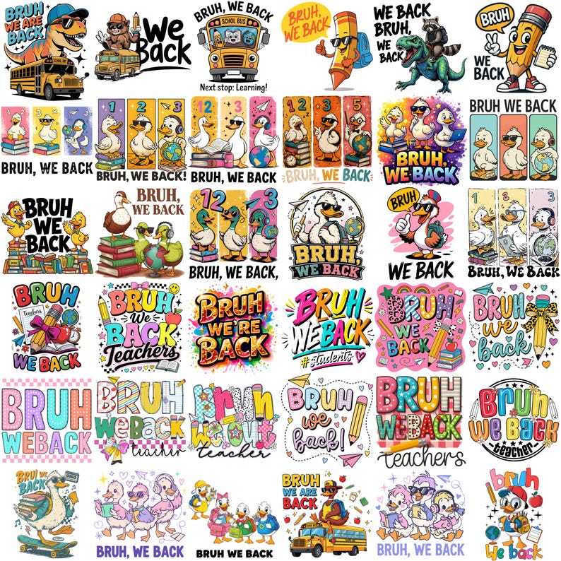 Pode incluir: Uma cole&ccedil;&atilde;o de designs gr&aacute;ficos coloridos com o texto "BRUH WE BACK" e outras frases com tema escolar. As imagens apresentam personagens de desenhos animados como patos, dinossauros e l&aacute;pis, com &ocirc;nibus escolares e livros.