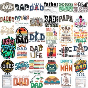 May include: A selection of graphic designs featuring the word "DAD" in diverse styles. Designs include phrases such as "Happy Father's Day", "Best Dad Ever", and "Super Dad". The designs are in various colours and fonts.