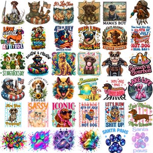 May include: A collection of colorful dog-themed graphic designs. The images feature various dog breeds with sunglasses, patriotic themes, and playful text like "Summer Dog" and "Hot Dog". The designs are suitable for apparel and accessories.