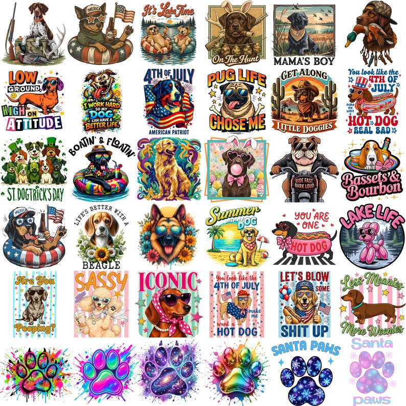 May include: A collection of colorful dog-themed graphic designs. The images feature various dog breeds with sunglasses, patriotic themes, and playful text like "Summer Dog" and "Hot Dog". The designs are suitable for apparel and accessories.