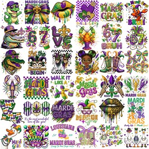 May include: A collection of colorful Mardi Gras themed graphics. The designs include alligators, lips, masks, bows, and text such as "Mardi Gras", "Let the Shenanigans Begin", and "Mardi Goose on the Loose". The color palette includes purple, green, and gold.
