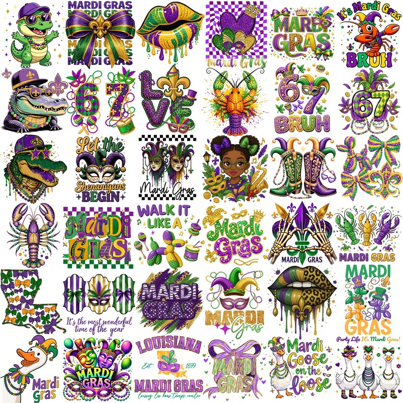 May include: A collection of colorful Mardi Gras themed graphics. The designs include alligators, lips, masks, bows, and text such as "Mardi Gras", "Let the Shenanigans Begin", and "Mardi Goose on the Loose". The color palette includes purple, green, and gold.