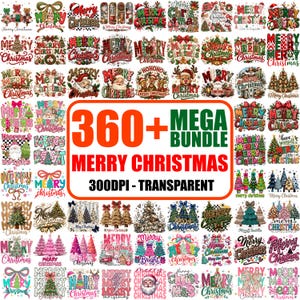 May include: A digital collection of over 360 Merry Christmas graphic designs featuring various holiday themes like Santa Claus, reindeer, Christmas trees, and festive patterns, with the text 360+ MEGA BUNDLE MERRY CHRISTMAS 300DPI - TRANSPARENT.