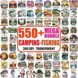 May include: A collection of over 550 camping and fishing themed designs. The designs include illustrations of fish, camping scenes, and text such as "Happy Camper" and "Reel Great Dad". The designs are transparent and 300 DPI.
