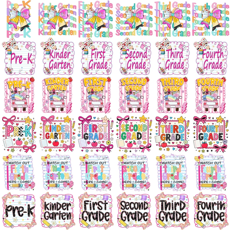 Pode incluir: Uma cole&ccedil;&atilde;o de designs coloridos com tema escolar para Pr&eacute;-K a Quarta S&eacute;rie. Os designs incluem la&ccedil;os, l&aacute;pis, ma&ccedil;&atilde;s e o texto "Watch Out Here I Come!" em v&aacute;rios estilos e cores, perfeitos para projetos escolares.