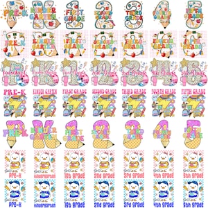 Pode incluir: Uma cole&ccedil;&atilde;o de designs coloridos com tema escolar para Pr&eacute;-K at&eacute; a 5&ordf; s&eacute;rie. Cada design apresenta um n&uacute;mero, texto do n&iacute;vel de s&eacute;rie e gr&aacute;ficos relacionados &agrave; escola, como l&aacute;pis, ma&ccedil;&atilde;s e &ocirc;nibus escolares.