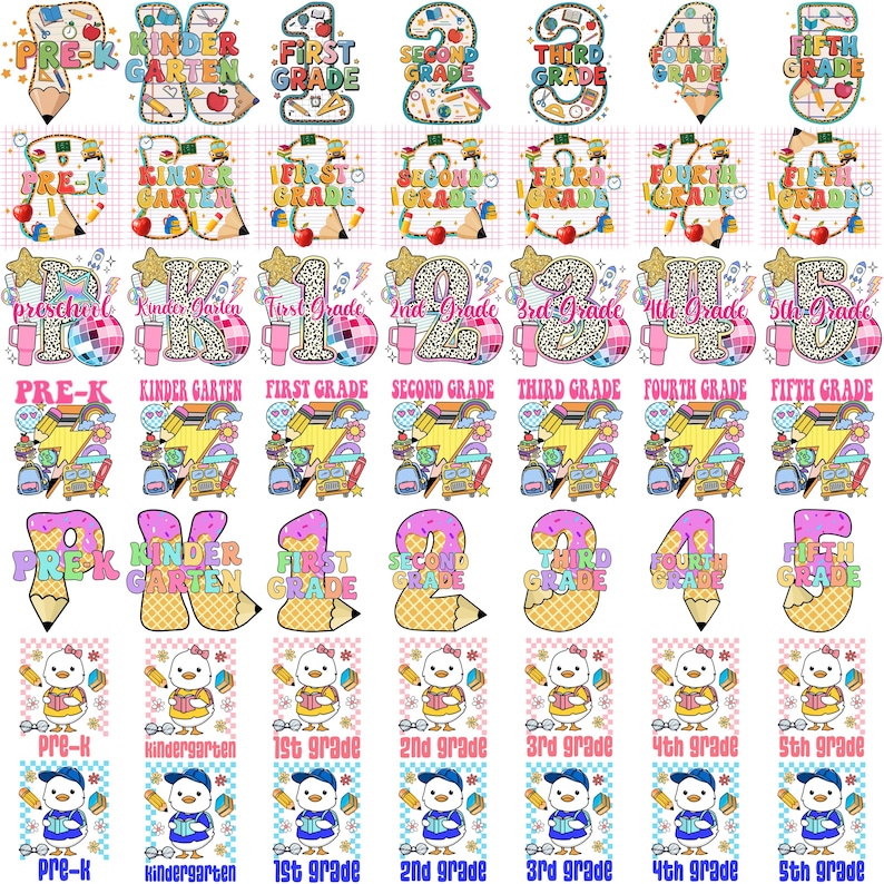 Pode incluir: Uma cole&ccedil;&atilde;o de designs coloridos com tema escolar para Pr&eacute;-K at&eacute; a 5&ordf; s&eacute;rie. Cada design apresenta um n&uacute;mero, texto do n&iacute;vel de s&eacute;rie e gr&aacute;ficos relacionados &agrave; escola, como l&aacute;pis, ma&ccedil;&atilde;s e &ocirc;nibus escolares.