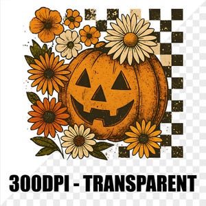 May include: A vintage-style Halloween design featuring a carved pumpkin with a smiling face, surrounded by orange and cream-colored flowers. A checkered pattern is in the background. The text "300DPI - TRANSPARENT" is at the bottom.