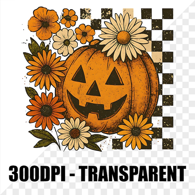 May include: A vintage-style Halloween design featuring a carved pumpkin with a smiling face, surrounded by orange and cream-colored flowers. A checkered pattern is in the background. The text "300DPI - TRANSPARENT" is at the bottom.