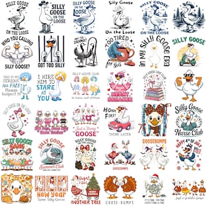 May include: A collection of various stickers featuring cartoon geese in different poses and scenarios. The designs include text like "Silly Goose," "Honk First," and "Heartbreaker," with a mix of colors and styles.