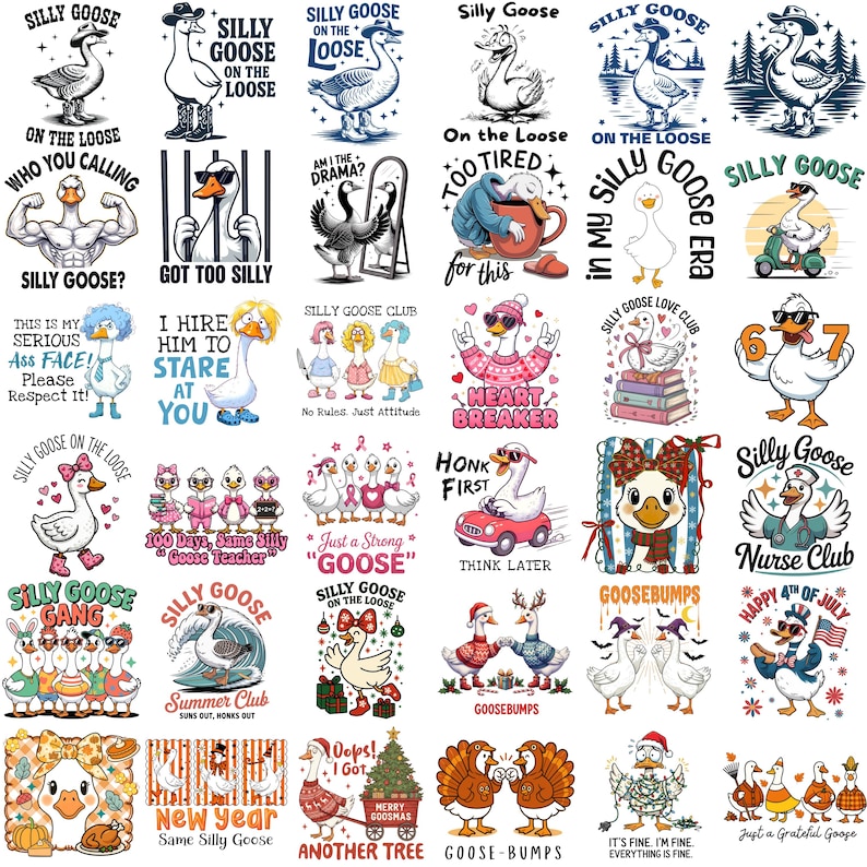May include: A collection of various stickers featuring cartoon geese in different poses and scenarios. The designs include text like "Silly Goose," "Honk First," and "Heartbreaker," with a mix of colors and styles.