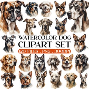 Aquarell Welpe Clipart, 120 Hunderassen Clipart Bundle, Welpe Hund Clipart PNG Niedliche Hunderasse Illustration, Haustiere Clipart DIY, kommerzielle Nutzung