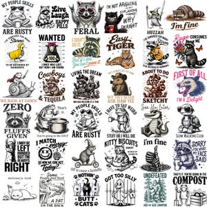 May include: A collection of thirty-five individual graphic designs featuring various animals including raccoons, frogs, cats, and tigers, each paired with humorous text captions such as 'I'm fine', 'Feral', 'Zero Fluffs Given', and 'Slow Walking Club'.
