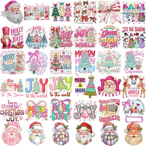 May include: A collection of thirty-five individual Christmas-themed digital illustrations featuring Santa Claus, snowmen, decorated pine trees, nutcrackers, and festive bows, all rendered in a vibrant colour palette of pink, teal, and red.