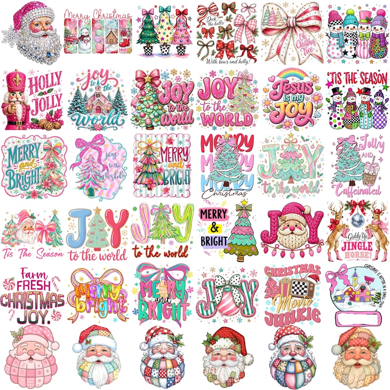 May include: A collection of thirty-five individual Christmas-themed digital illustrations featuring Santa Claus, snowmen, decorated pine trees, nutcrackers, and festive bows, all rendered in a vibrant colour palette of pink, teal, and red.