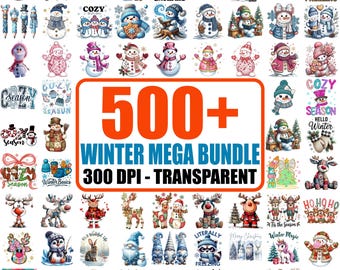 Winter Mega Bundle PNG, Snowman, Reindeer, Watercolor Clipart