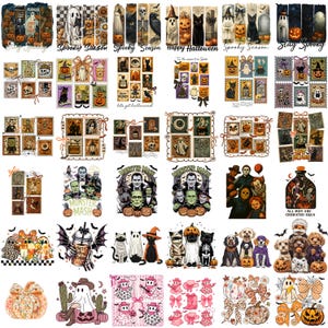 May include: A collection of Halloween-themed designs featuring stamps, illustrations, and graphics. The designs include pumpkins, ghosts, cats, and monsters. Text includes "Spooky Season", "Happy Halloween", "Monster Mash", and "All Men Are Cremated Equa".