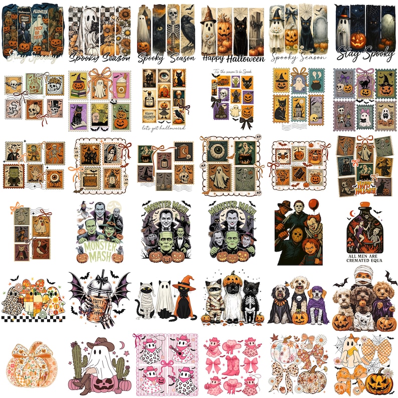 May include: A collection of Halloween-themed designs featuring stamps, illustrations, and graphics. The designs include pumpkins, ghosts, cats, and monsters. Text includes "Spooky Season", "Happy Halloween", "Monster Mash", and "All Men Are Cremated Equa".