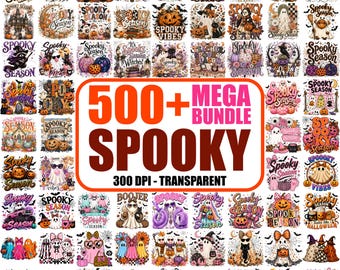 May include: A digital collection of over 500 Halloween-themed graphic designs featuring ghosts, pumpkins, witches, and bats with the text 500+ MEGA BUNDLE SPOOKY 300 DPI - TRANSPARENT displayed in a large orange and brown rectangular frame.